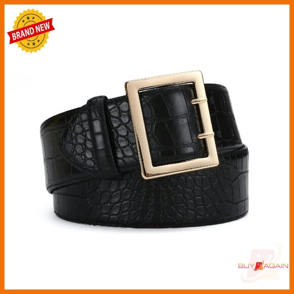 Leather Wide Belt Gold Buckle 2 Inch Thick Women's Fashion Accessory